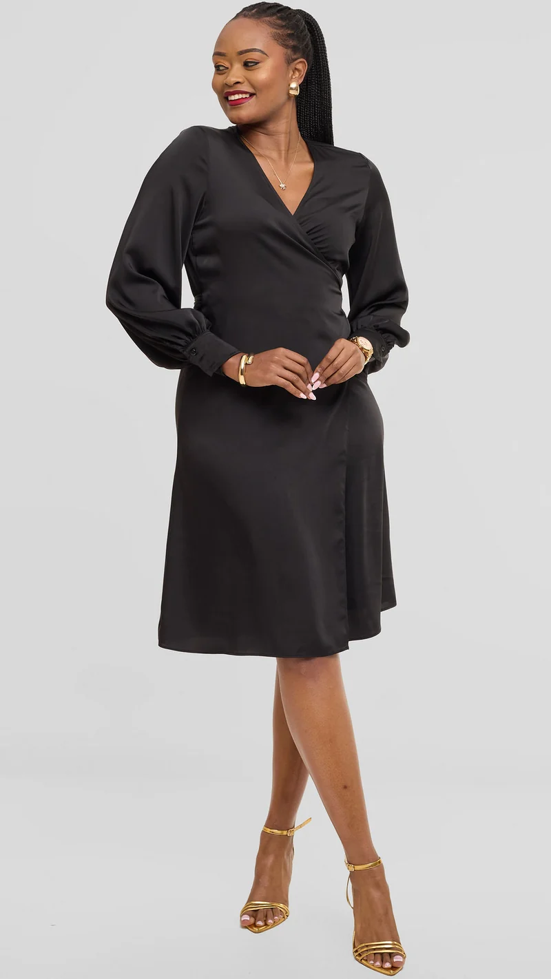 Vivo Long Sleeve Wrap Dress in Satin - Black