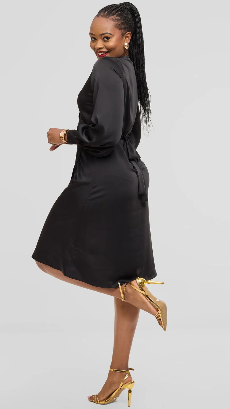 Vivo Long Sleeve Wrap Dress in Satin - Black