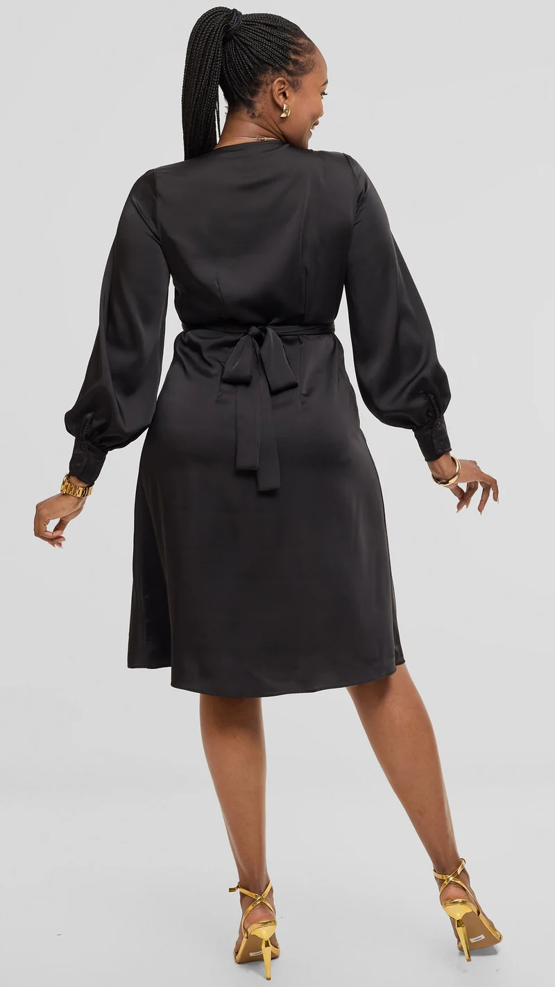 Vivo Long Sleeve Wrap Dress in Satin - Black