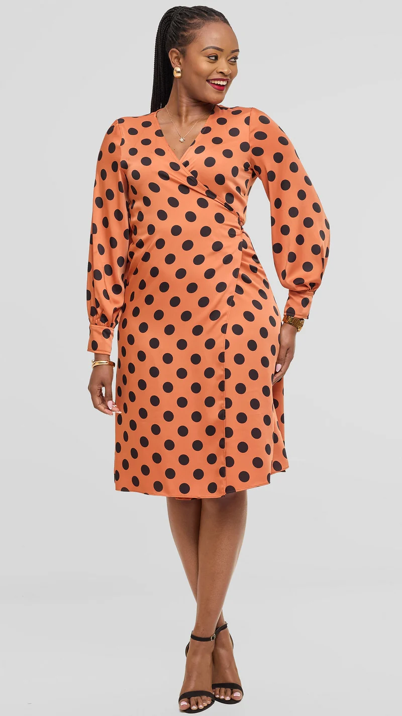 Vivo Long Sleeve Wrap Dress in Satin - Rust / Black Polka Dot