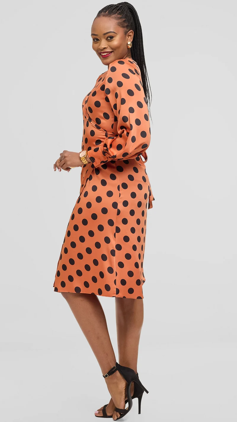 Vivo Long Sleeve Wrap Dress in Satin - Rust / Black Polka Dot