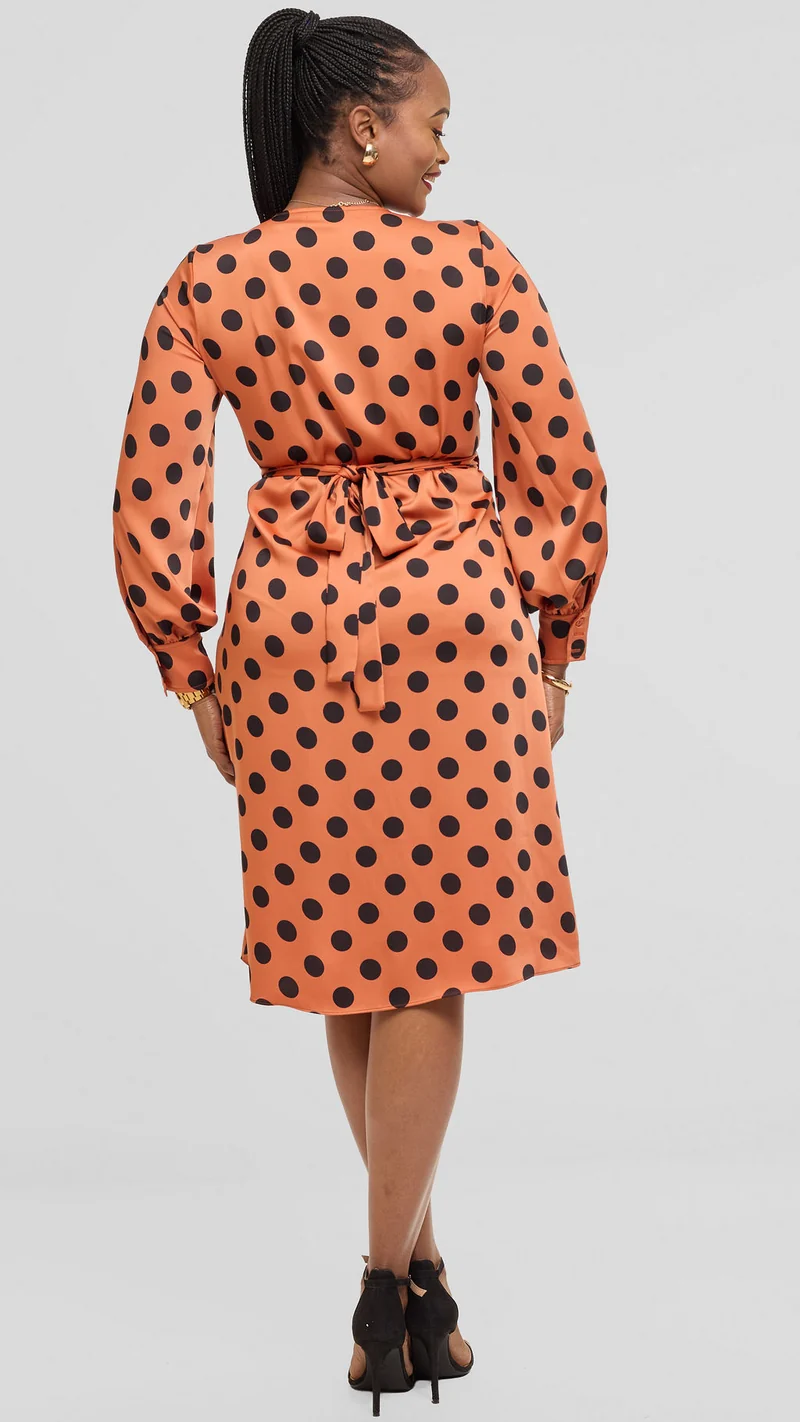 Vivo Long Sleeve Wrap Dress in Satin - Rust / Black Polka Dot