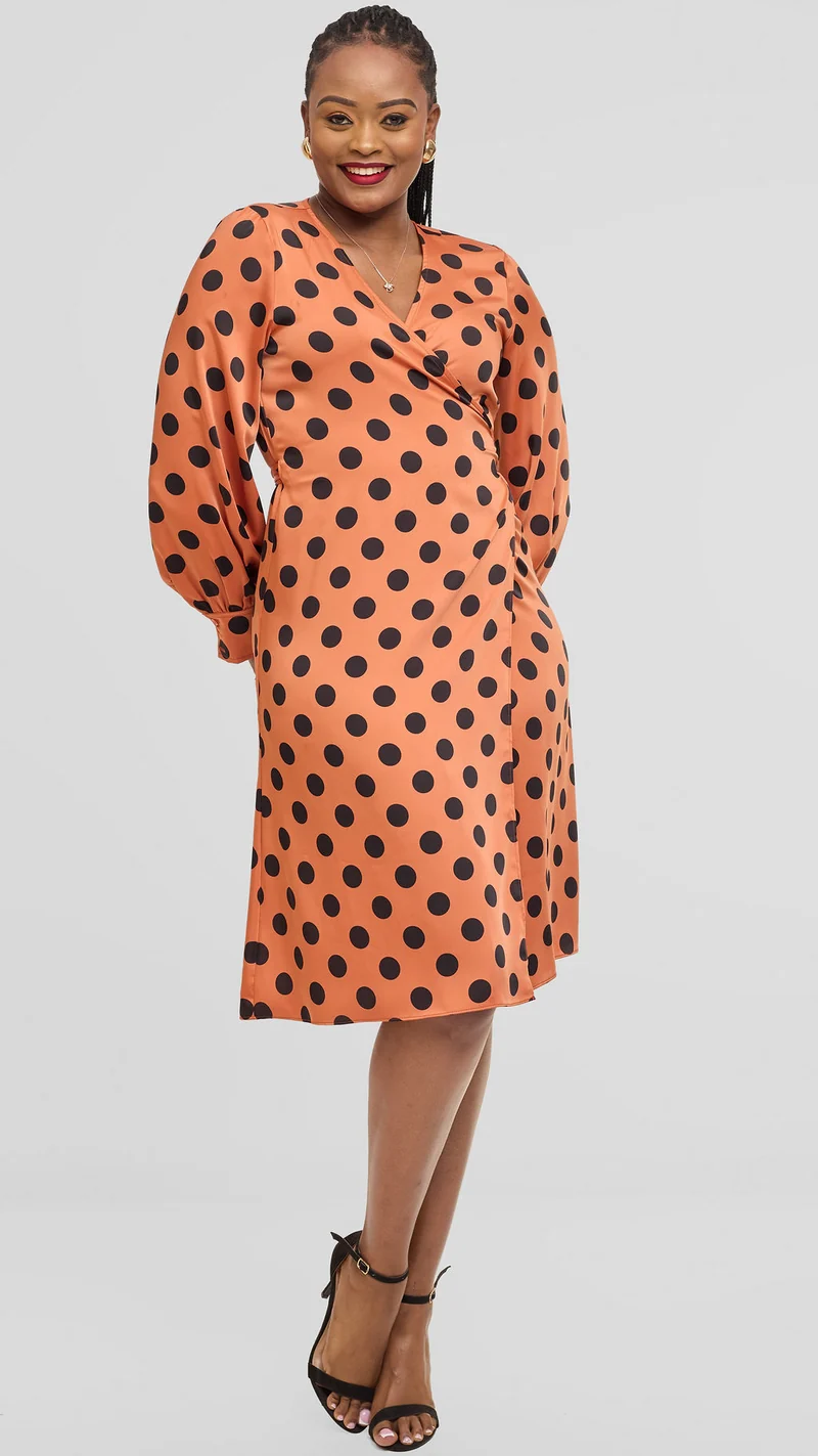 Vivo Long Sleeve Wrap Dress in Satin - Rust / Black Polka Dot