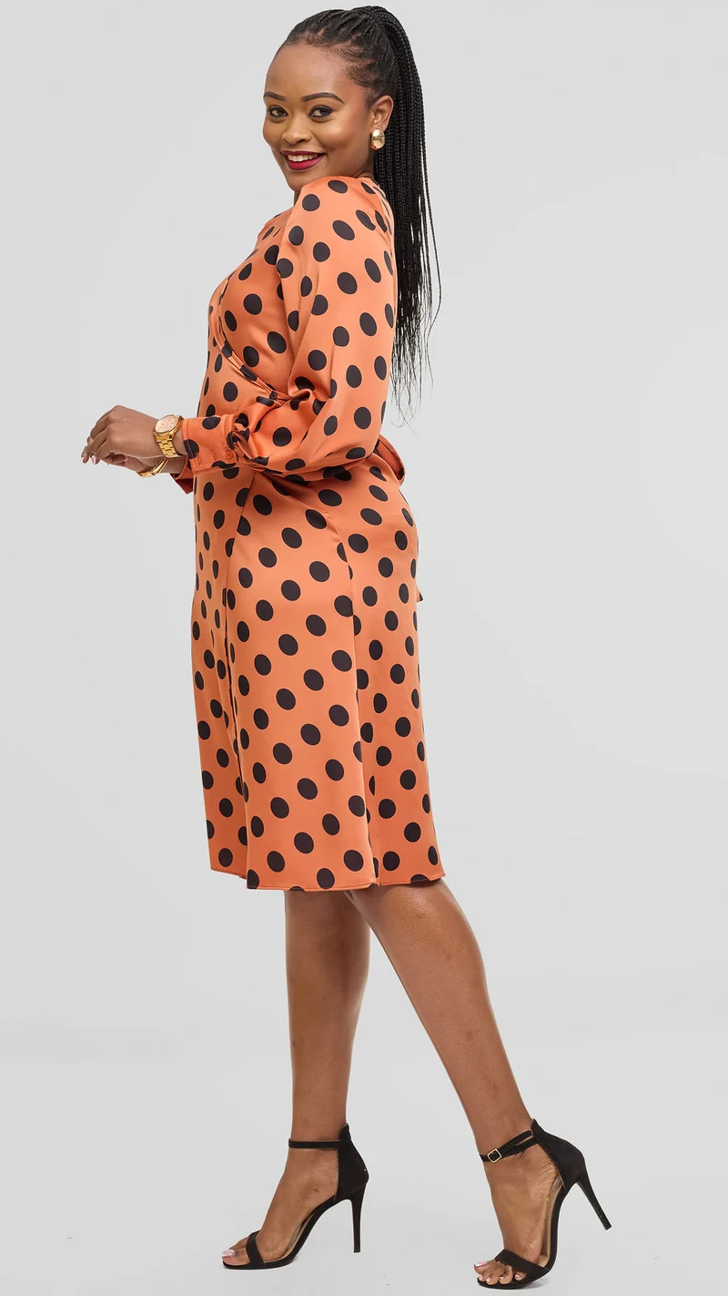 Vivo Long Sleeve Wrap Dress in Satin - Rust / Black Polka Dot
