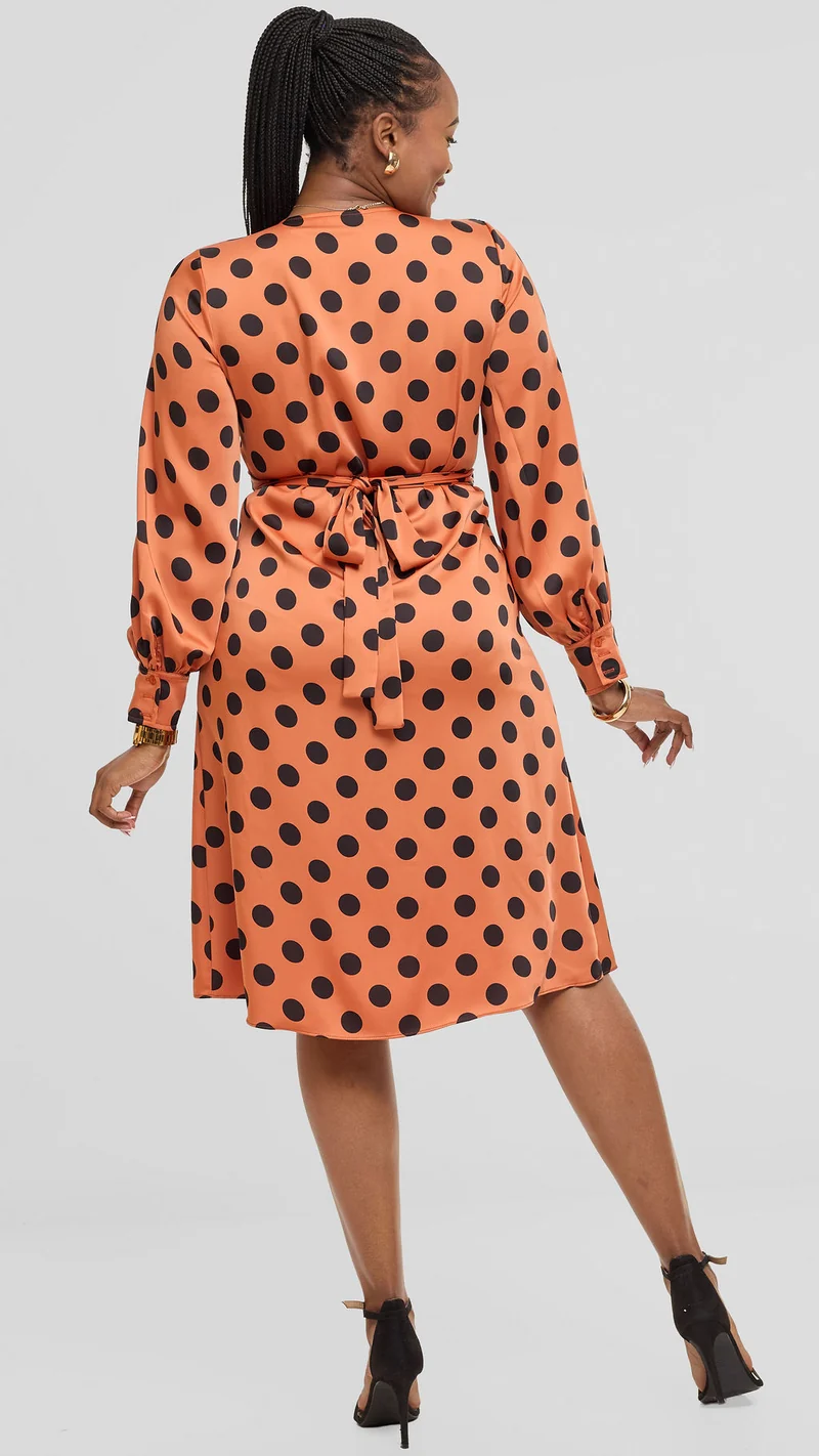 Vivo Long Sleeve Wrap Dress in Satin - Rust / Black Polka Dot