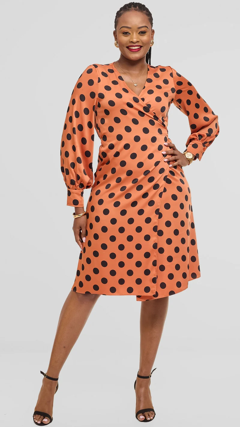 Vivo Long Sleeve Wrap Dress in Satin - Rust / Black Polka Dot