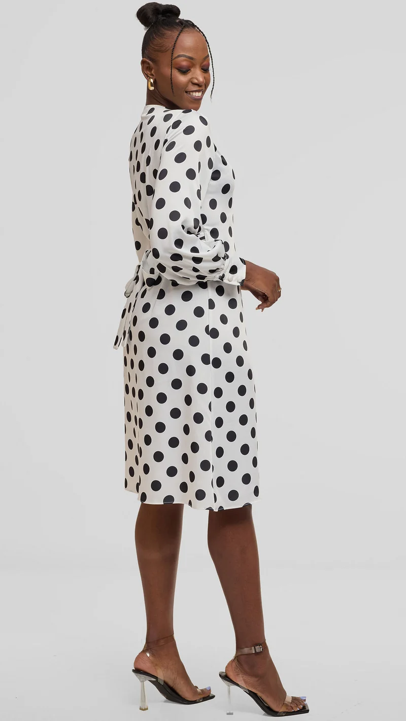 Vivo Long Sleeve Wrap Dress in Satin - White / Black Polka Dot