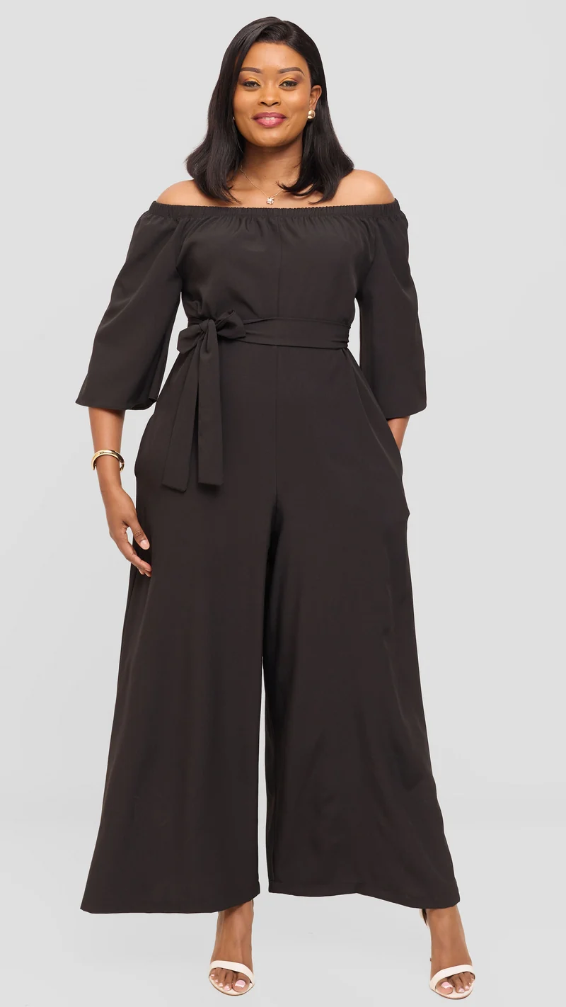 Vivo Off Shoulder Jumpsuit in Crepe - Black