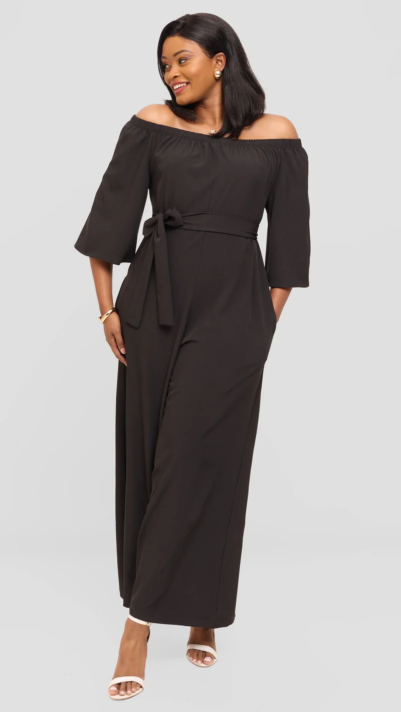 Vivo Off Shoulder Jumpsuit in Crepe - Black