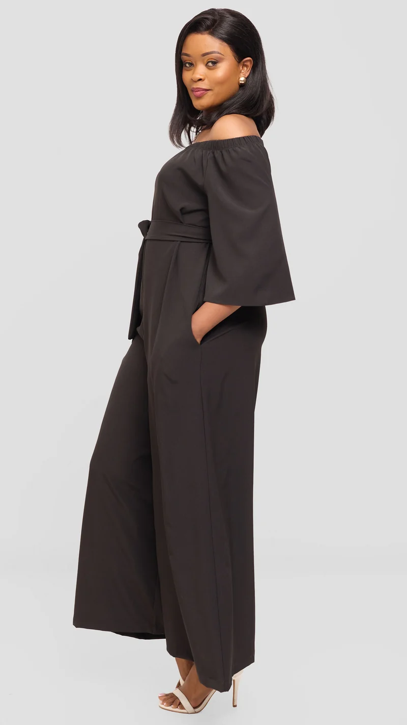 Vivo Off Shoulder Jumpsuit in Crepe - Black