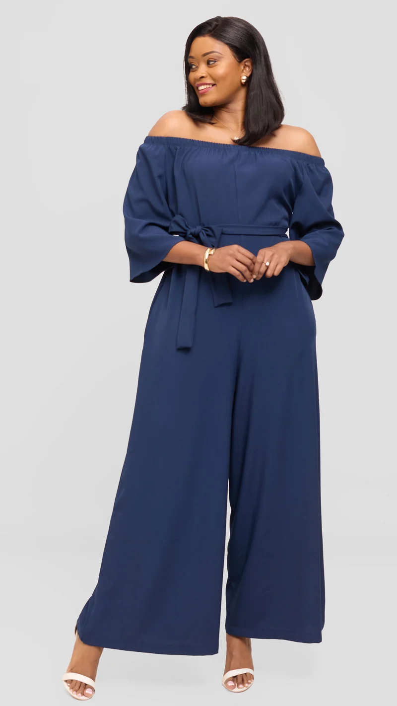 Vivo Off Shoulder Jumpsuit in Crepe - Navy