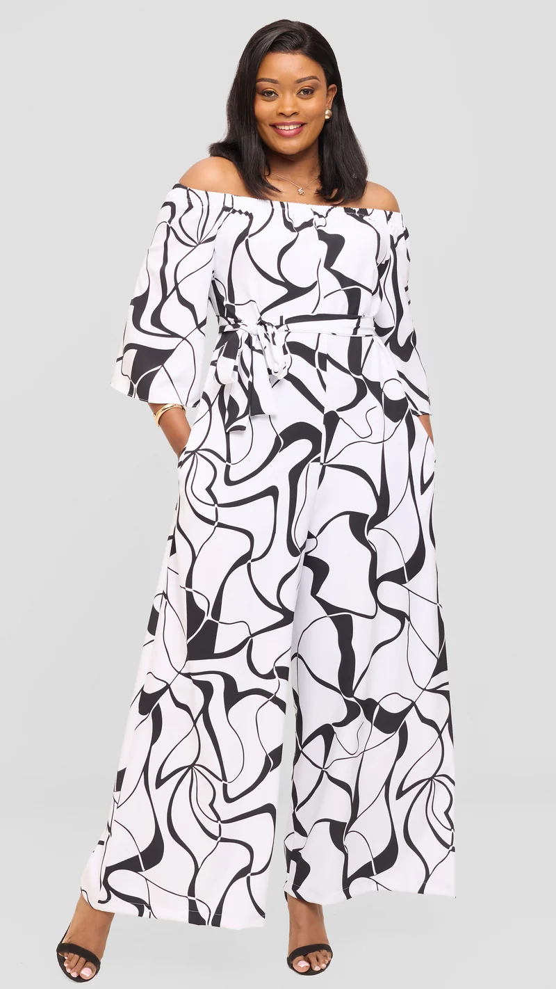 Vivo Off Shoulder Jumpsuit in Crepe - White / Black Loiya Print