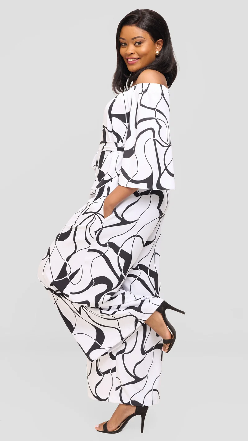 Vivo Off Shoulder Jumpsuit in Crepe - White / Black Loiya Print