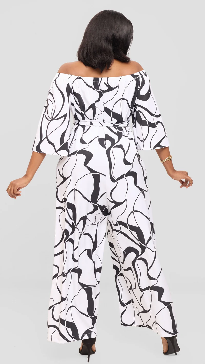 Vivo Off Shoulder Jumpsuit in Crepe - White / Black Loiya Print