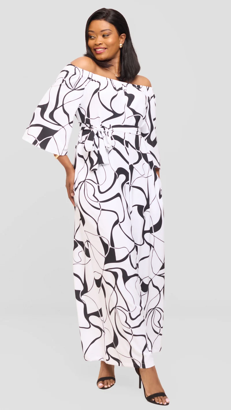 Vivo Off Shoulder Jumpsuit in Crepe - White / Black Loiya Print