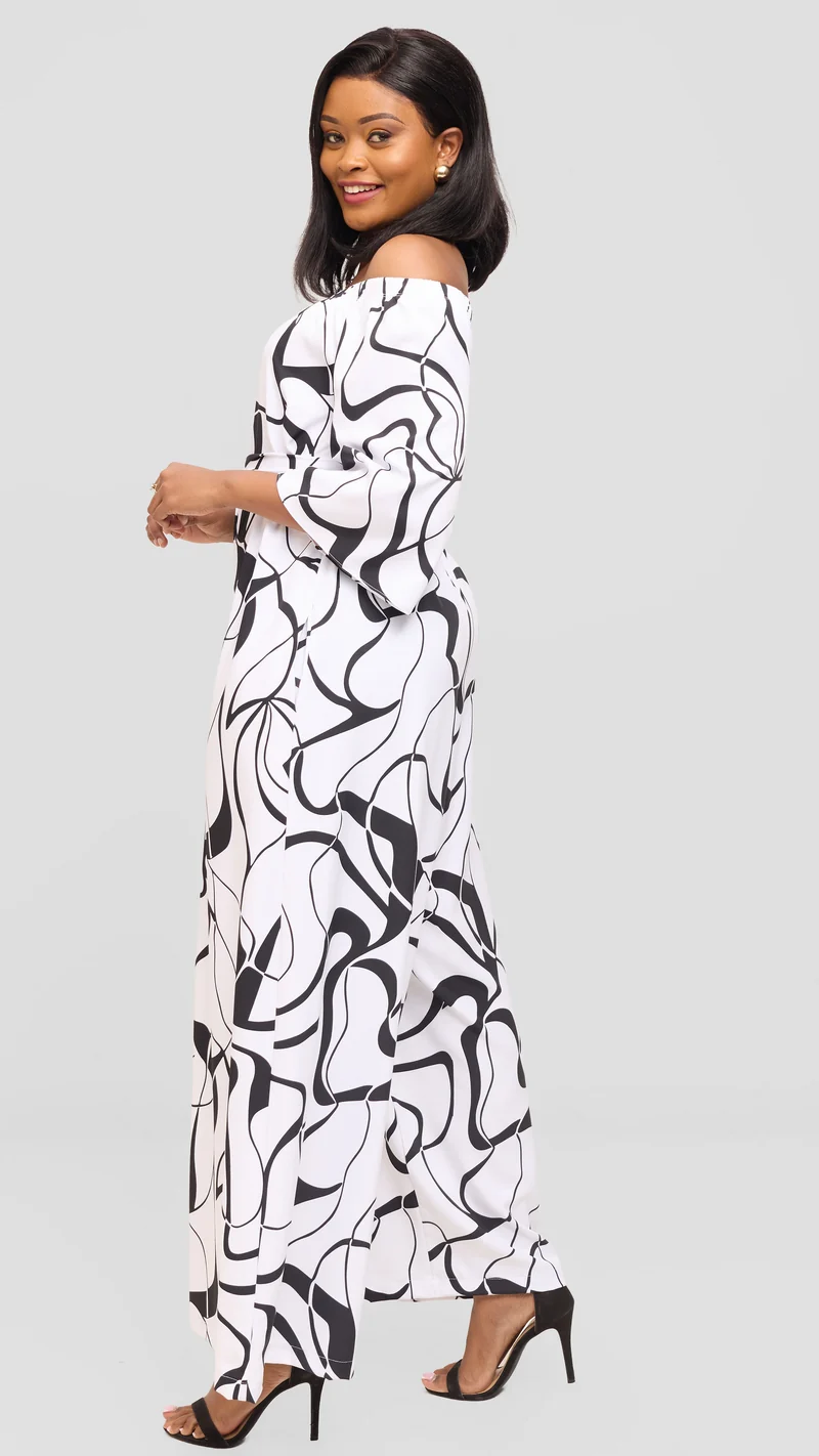 Vivo Off Shoulder Jumpsuit in Crepe - White / Black Loiya Print