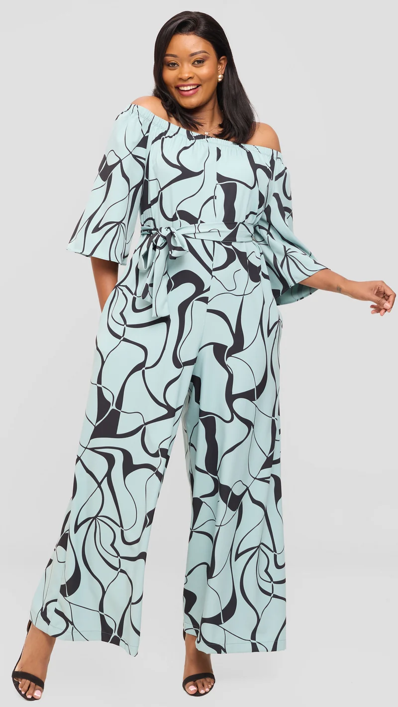 Vivo Off Shoulder Jumpsuit in Crepe - Mint / Black Loiya Print