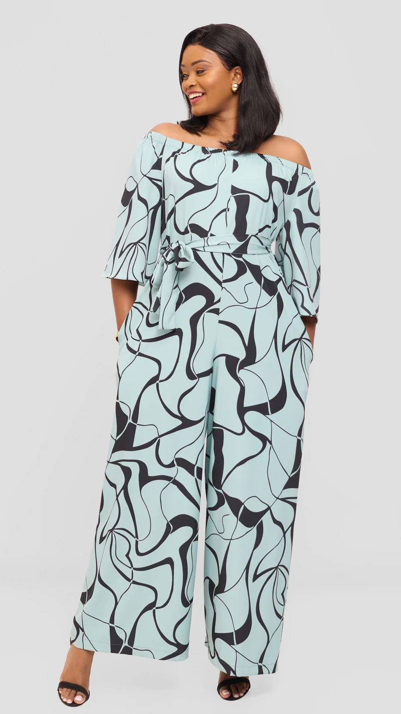 Vivo Off Shoulder Jumpsuit in Crepe - Mint / Black Loiya Print