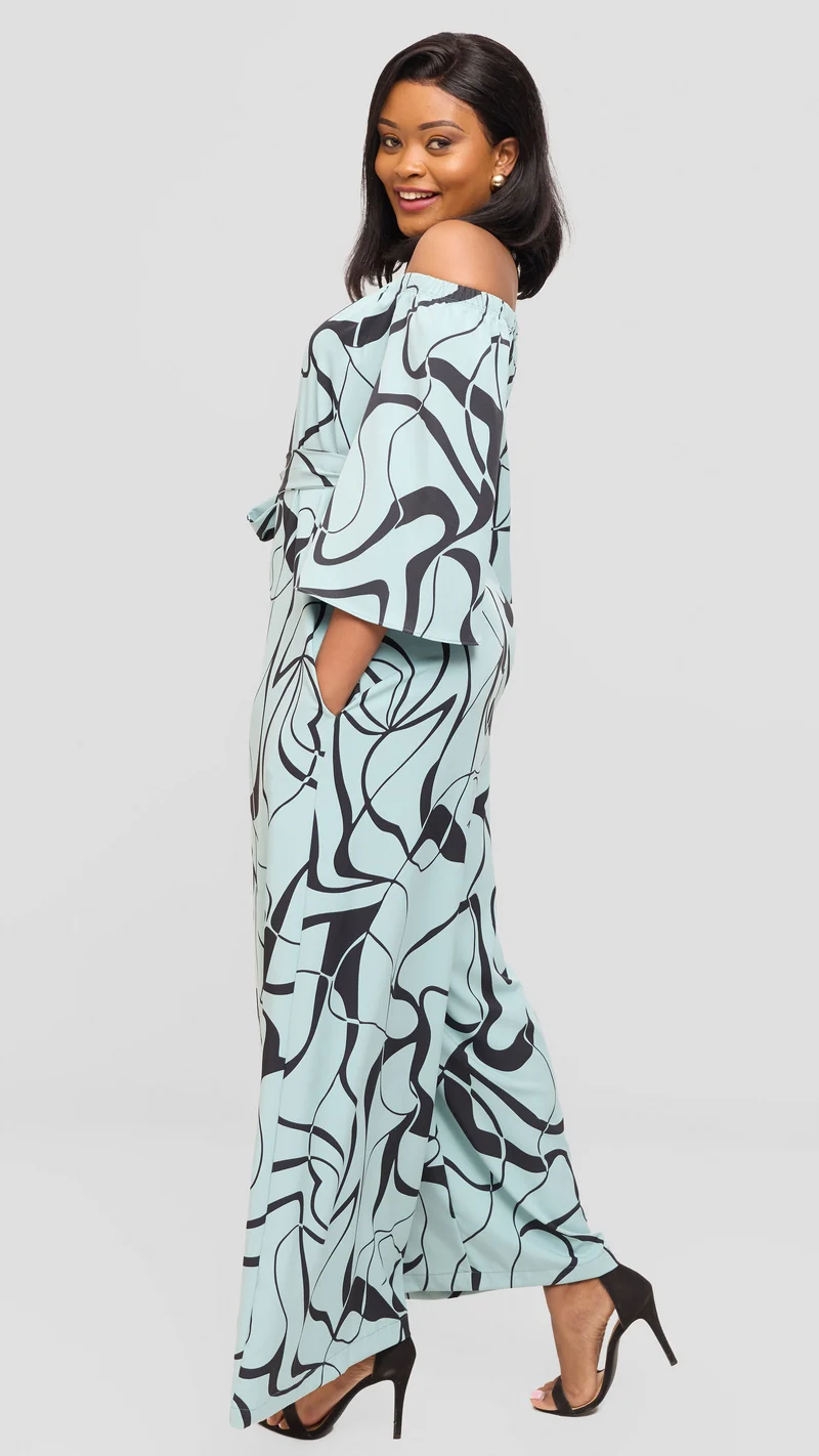 Vivo Off Shoulder Jumpsuit in Crepe - Mint / Black Loiya Print