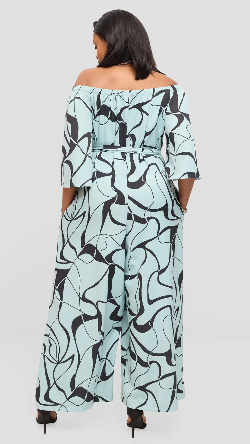 Vivo Off Shoulder Jumpsuit in Crepe - Mint / Black Loiya Print