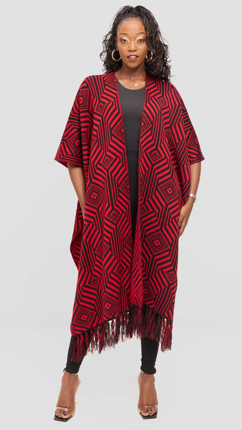 Vivo 2 Tone Geometric Wrap Poncho - Black / Red Print