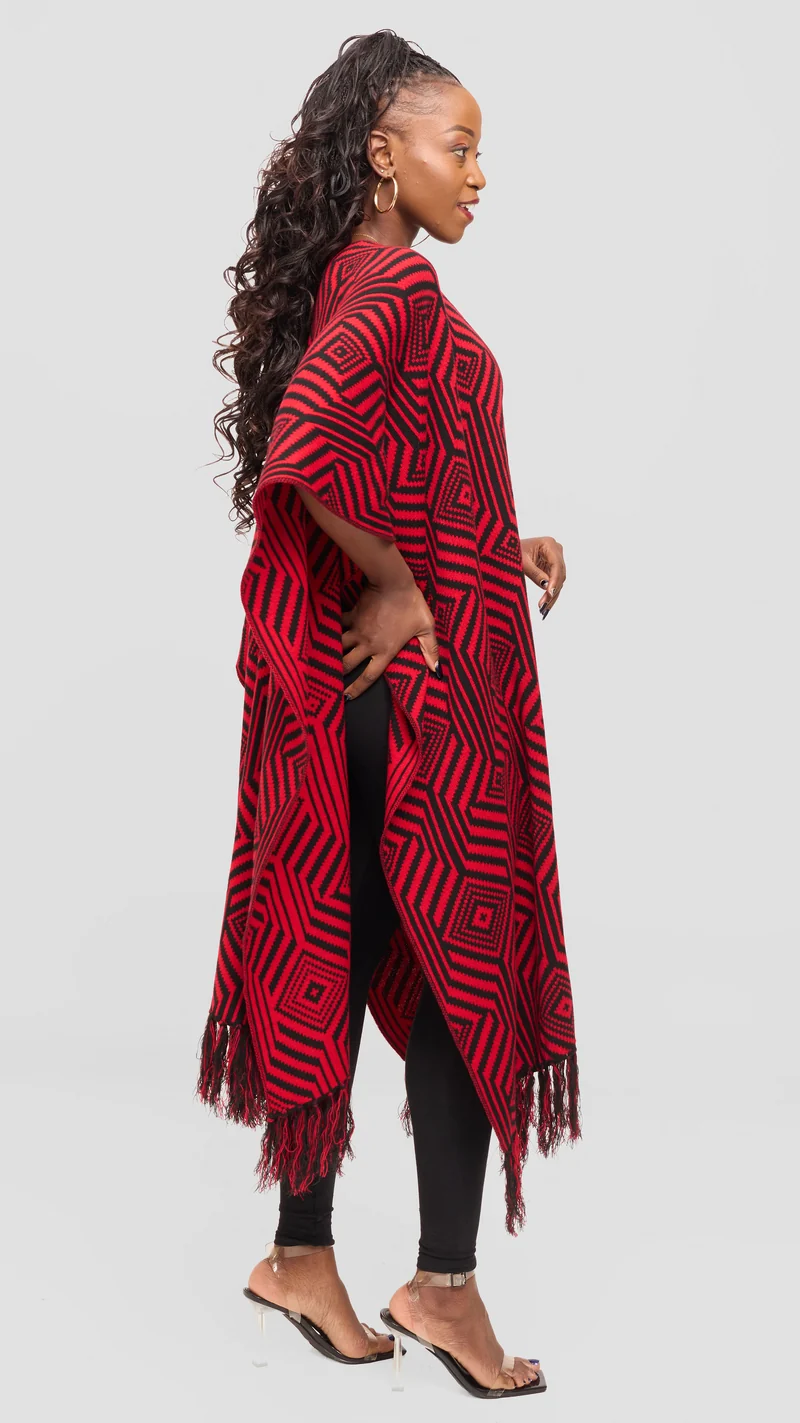 Vivo 2 Tone Geometric Wrap Poncho - Black / Red Print