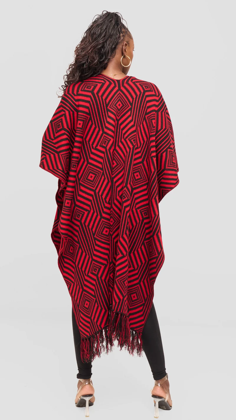 Vivo 2 Tone Geometric Wrap Poncho - Black / Red Print