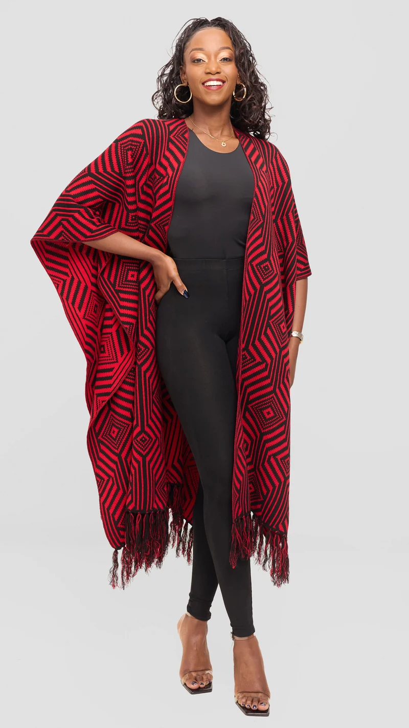 Vivo 2 Tone Geometric Wrap Poncho - Black / Red Print