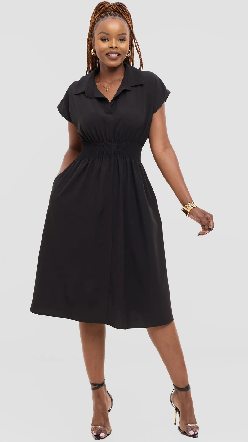 Vivo Zena Shirred Waist Knee Length Dress in Crepe - Black