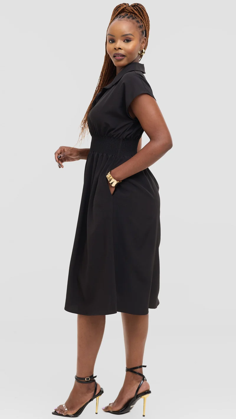 Vivo Zena Shirred Waist Knee Length Dress in Crepe - Black