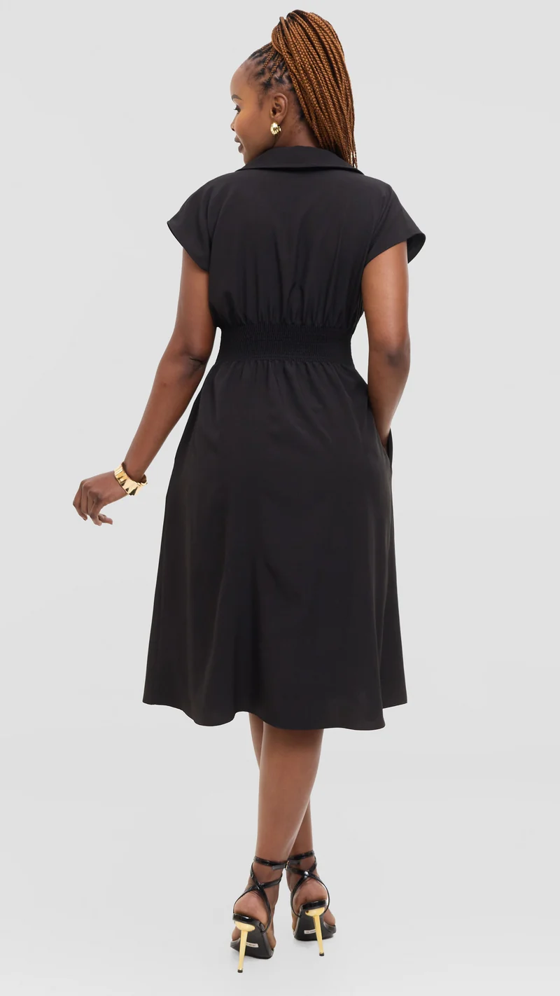 Vivo Zena Shirred Waist Knee Length Dress in Crepe - Black