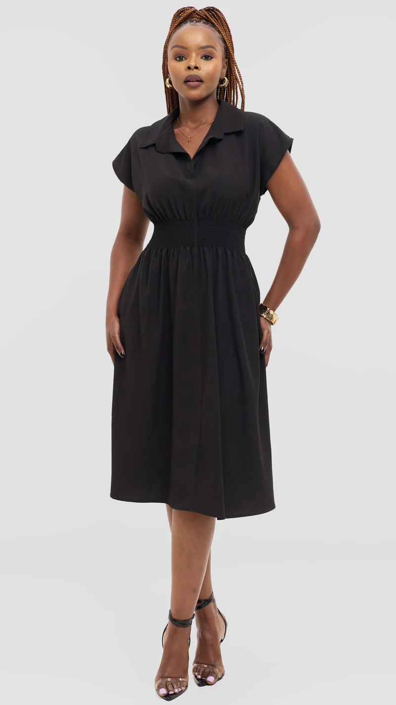 Vivo Zena Shirred Waist Knee Length Dress in Crepe - Black