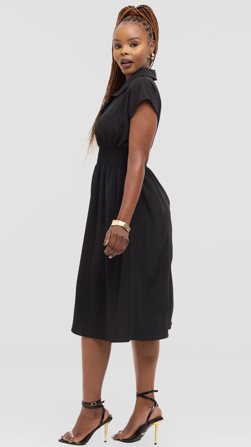 Vivo Zena Shirred Waist Knee Length Dress in Crepe - Black
