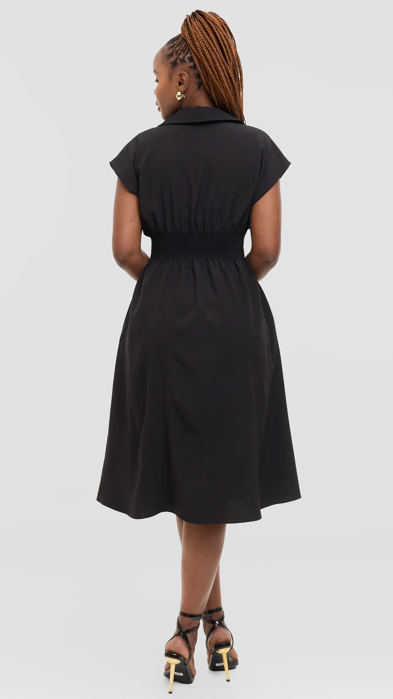 Vivo Zena Shirred Waist Knee Length Dress in Crepe - Black