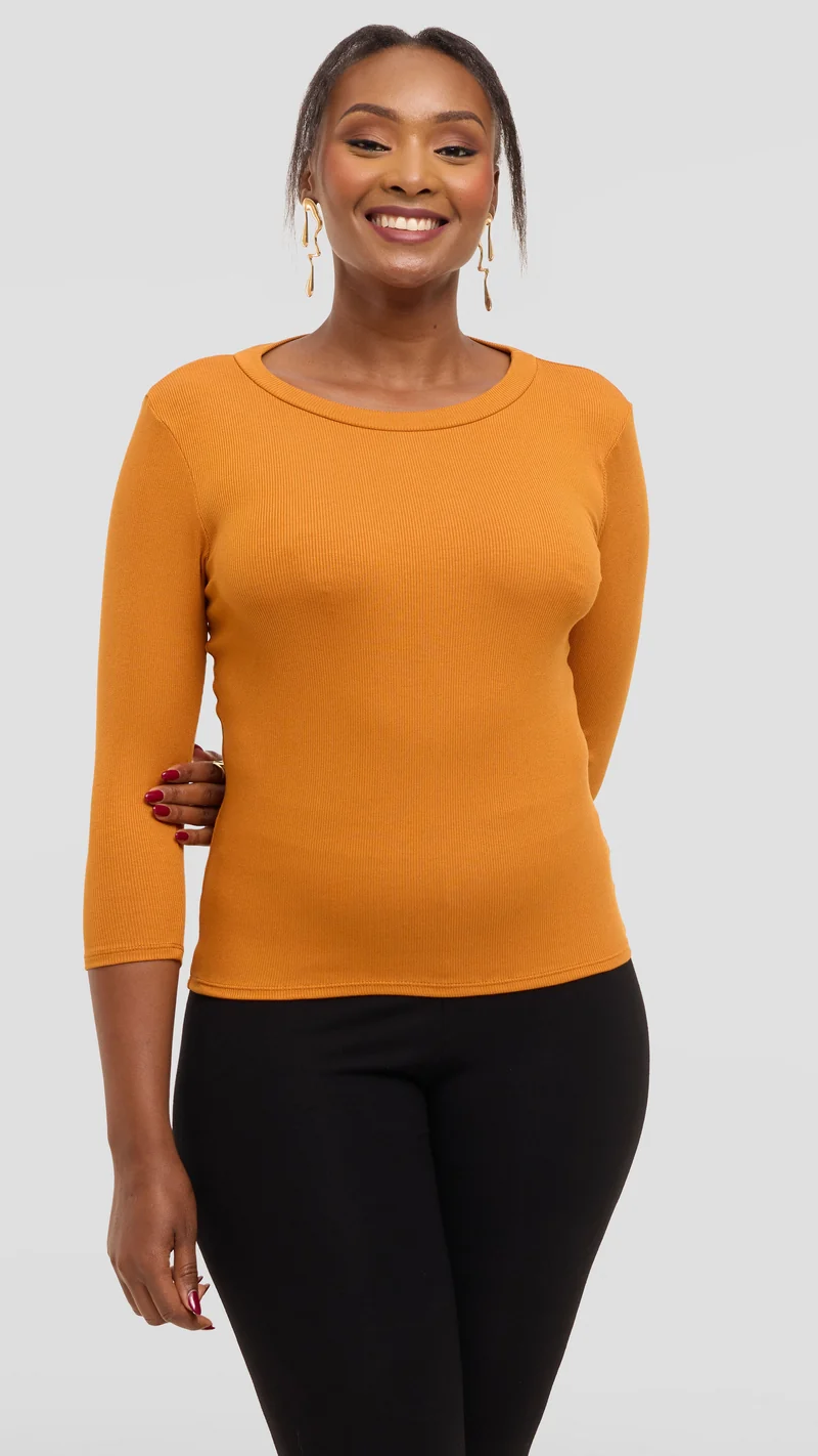 Vivo 3/4 Sleeve Crew Neck Top in Rib - Dark Mustard