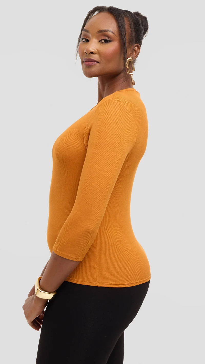 Vivo 3/4 Sleeve Crew Neck Top in Rib - Dark Mustard