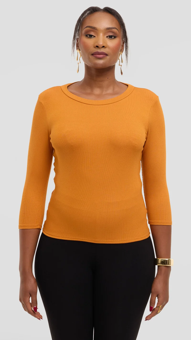 Vivo 3/4 Sleeve Crew Neck Top in Rib - Dark Mustard