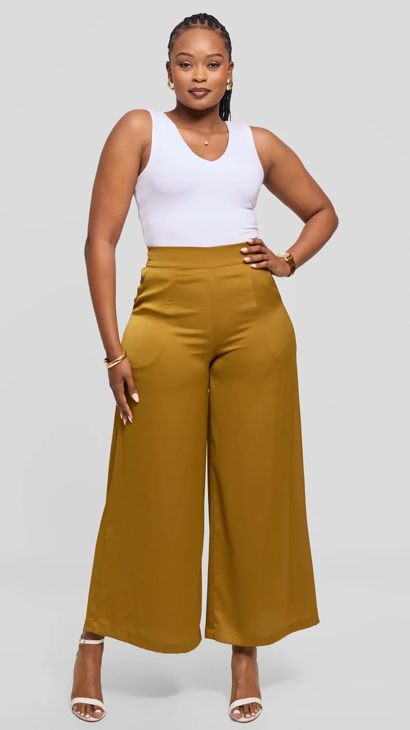 Vivo Wide Leg Pants in Textured Satin - Dark Olive