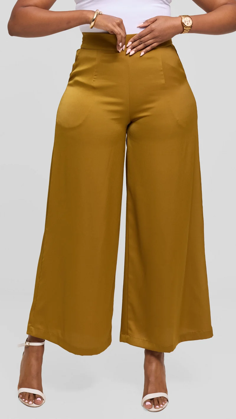 Vivo Wide Leg Pants in Textured Satin - Dark Olive