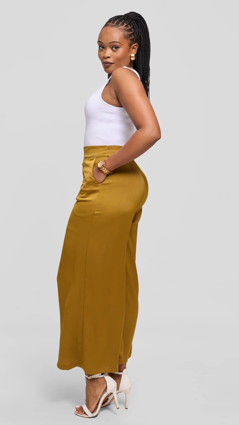 Vivo Wide Leg Pants in Textured Satin - Dark Olive