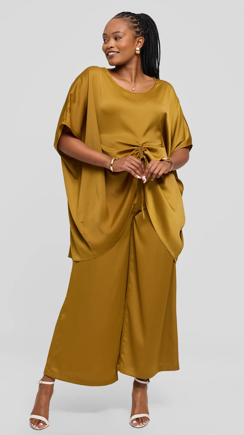Vivo Wide Leg Pants in Textured Satin - Dark Olive