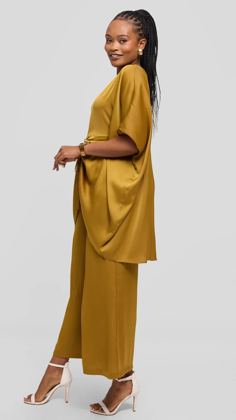 Vivo Wide Leg Pants in Textured Satin - Dark Olive