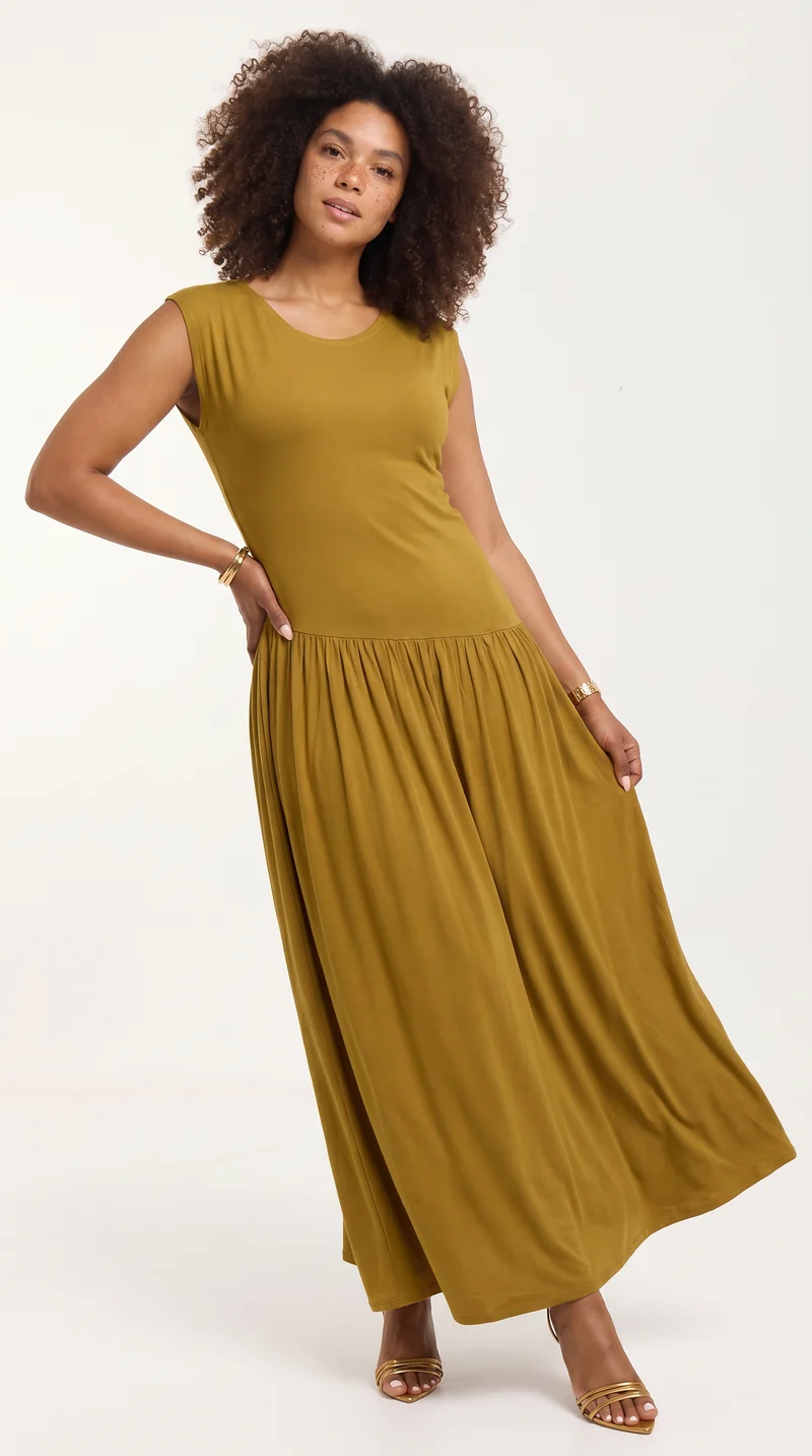 Vivo Extended Sleeve Maxi Dress in Jersey - Dark Olive