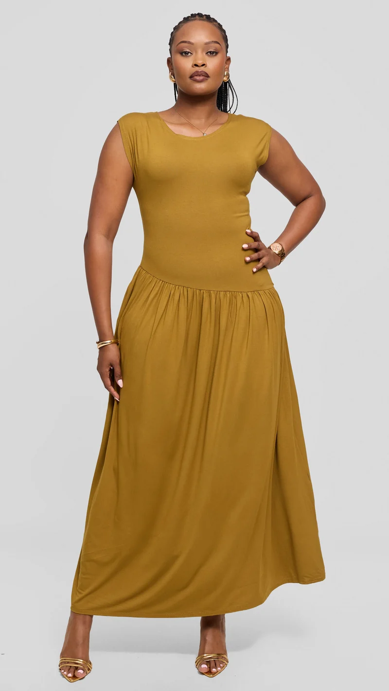 Vivo Extended Sleeve Maxi Dress in Jersey - Dark Olive