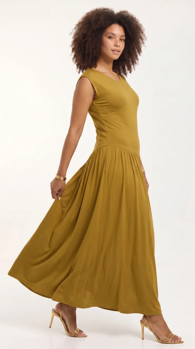 Vivo Extended Sleeve Maxi Dress in Jersey - Dark Olive