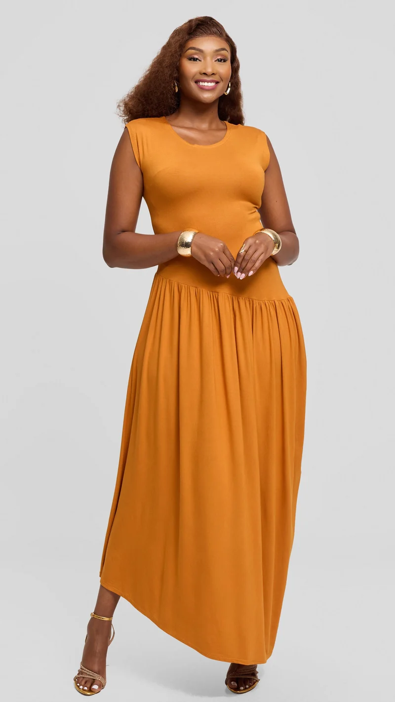 Vivo Extended Sleeve Maxi Dress in Jersey - Dark Mustard
