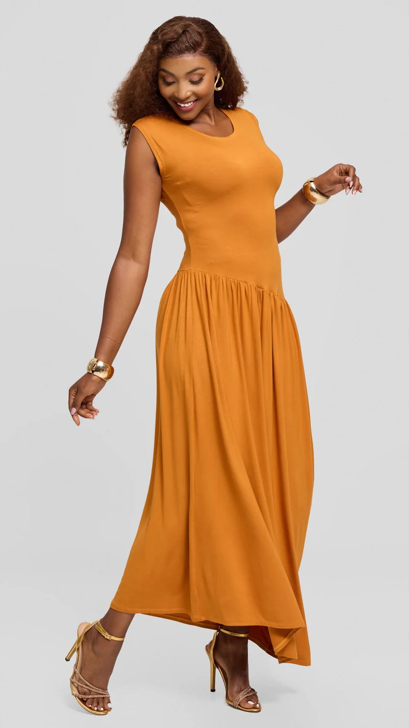 Vivo Extended Sleeve Maxi Dress in Jersey - Dark Mustard