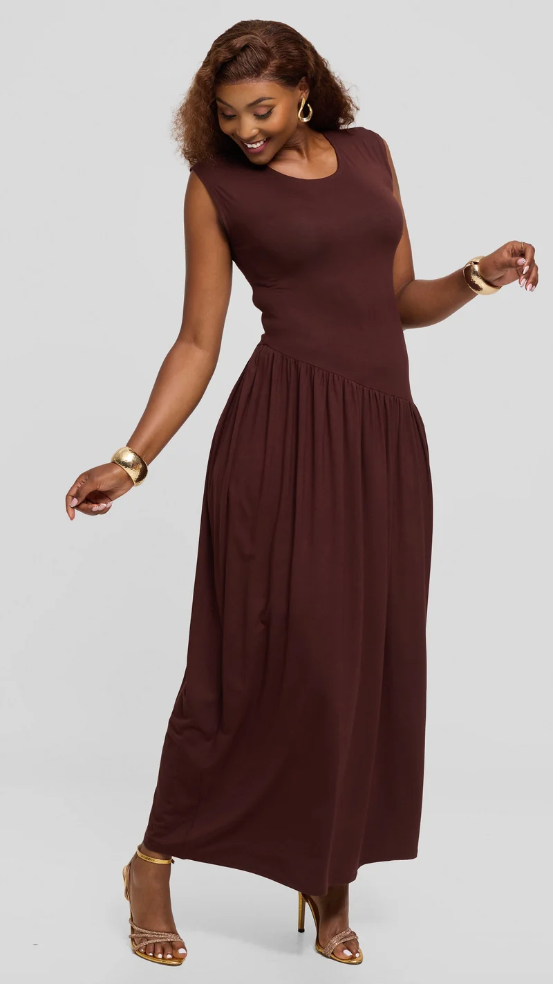 Vivo Extended Sleeve Maxi Dress in Jersey - Chocolate