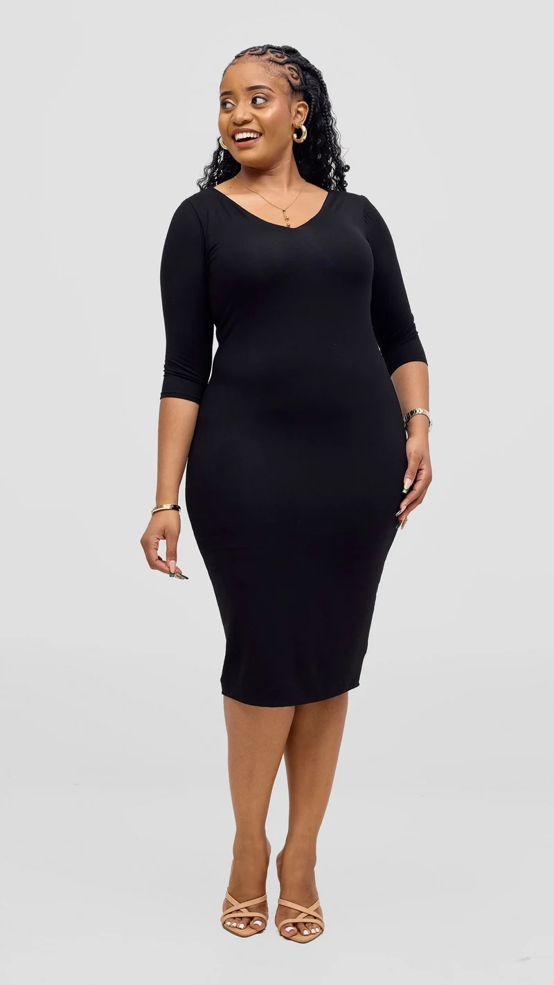 Vivo Basic 3/4 Sleeve Double Layered Bodycon Dress - Black