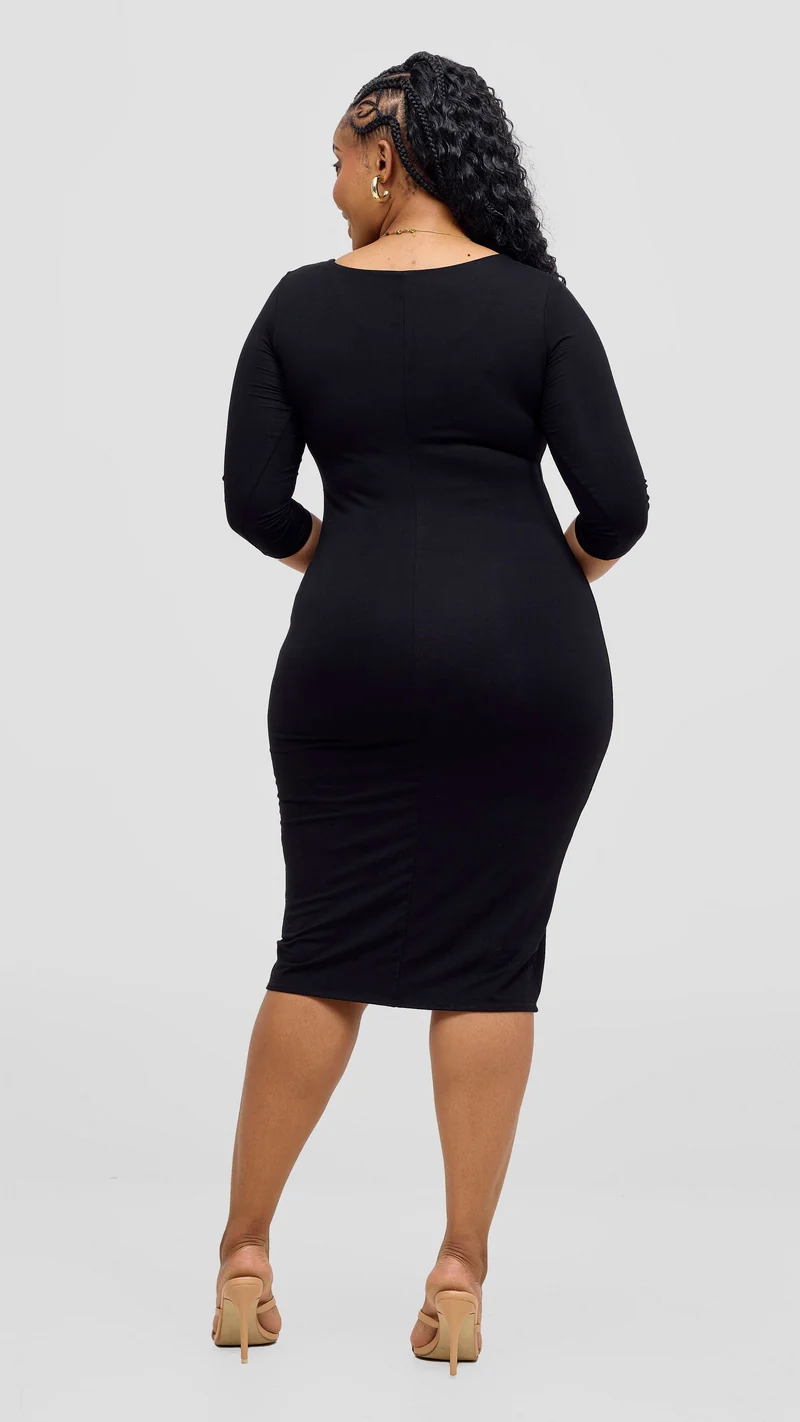 Vivo Basic 3/4 Sleeve Double Layered Bodycon Dress - Black